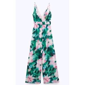 Zara Green Floral Watercolor Jumpsuit Wide Leg 8379/156 Sz XS NWT (B2